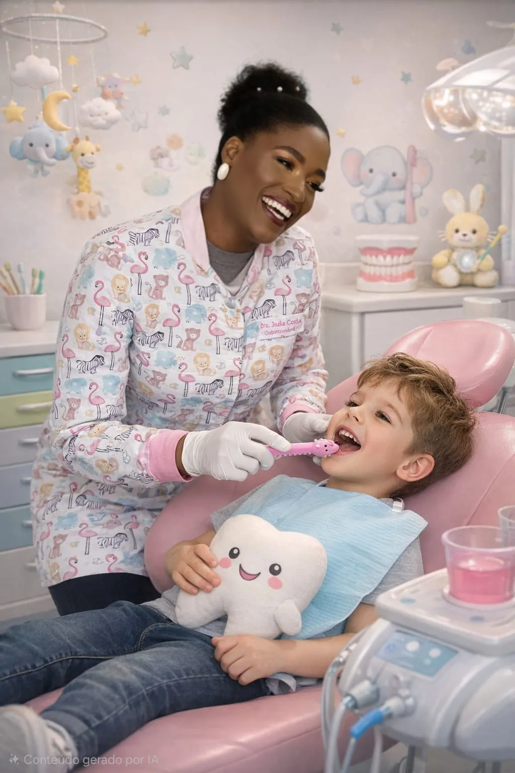 Dra. Sheila Cristina e criança feliz no consultório
